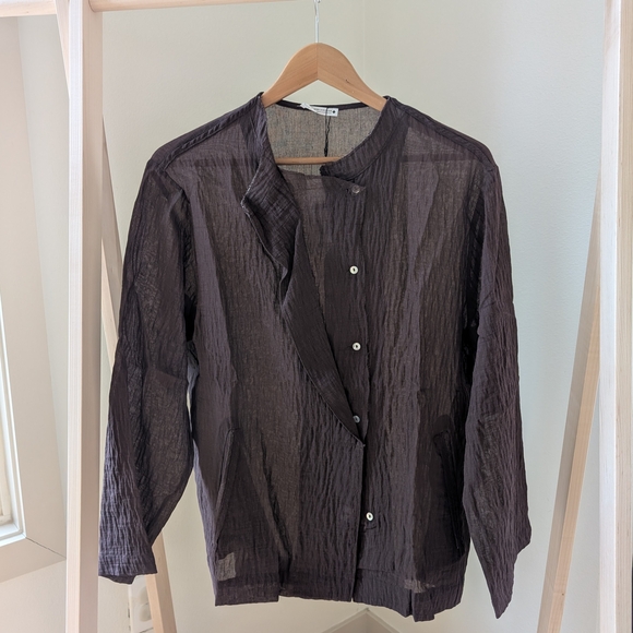 NWT Zara Textured Oversized Button-Front Linen Blend Blouse In Brown - XS/S - Picture 6 of 9